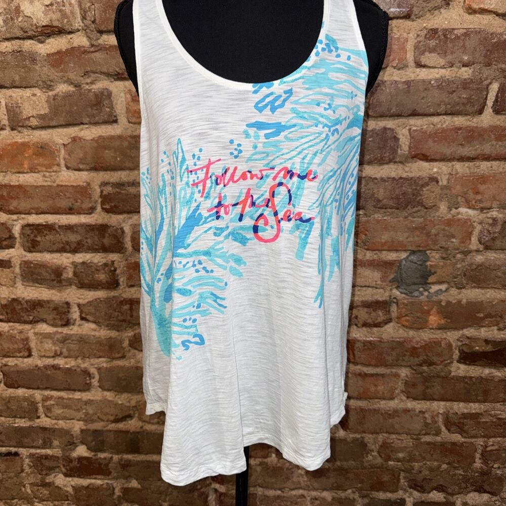 Lilly Pulitzer Womens Razor Back Tank Sz S Slub Snit Coral Graphic Sea Ocean